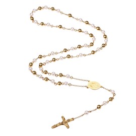 Flongo Pearl Rosary Chain Mary: Cross Virgin Saint Mary Necklace Gold Silver White Pearls Mother of God Pendant Oval Medal Plate Jesus God Crucifix Christening Gift for Men and Women, Stainless Steel