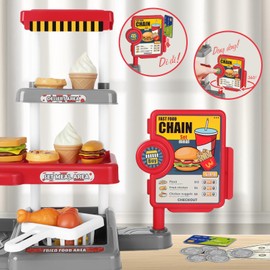 deAO Pretend Play Fast Food Set for Kids, 71PCS Fast Food Toys with Cash Register & Drink Dispenser, Play Kitchen Food Toy with Hamburger, Sandwich and Fries for 3+ Years Old Boys Girls (Red)