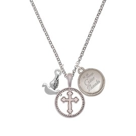 Delight Jewelry Silvertone 2-D Small Dove Silver-tone Give Thanks to God Cross Pendant Necklace, 23"