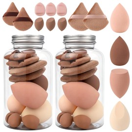 2 Piezas Set de 28 Esponjas Maquillaje, Beauty blenders, Uso Seco y Húmedo, Esponja de Polvo Triangular para Polvo Facial, Mini Aplicadores, para Juego de Esponjas de Maquillaje Facial (Marrón)