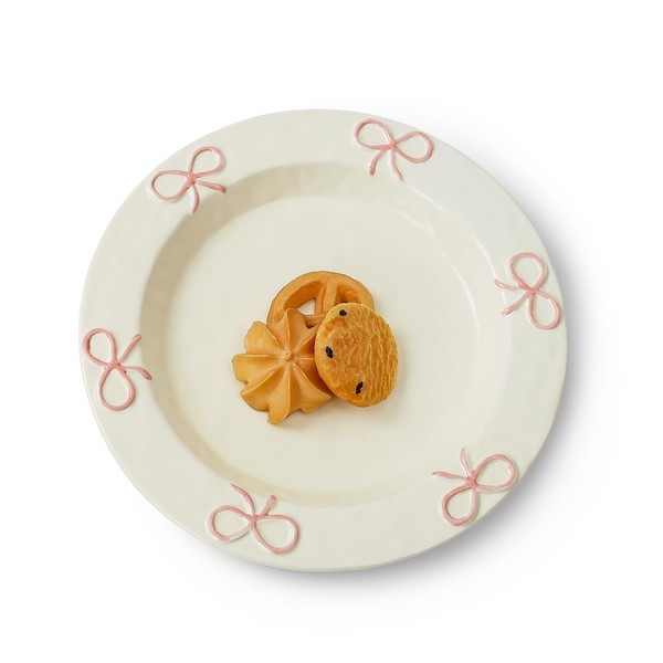 Koythin 8-inch Ceramic Dinner Plates with Bow Design, Microwave Safe