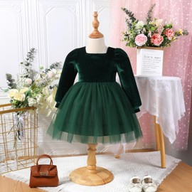 Baby Girls Velvet Dress Toddler Long Sleeve Square Neck Christmas Dress Smocked Back Tulle Tutu Dress Party Holiday Birthday Xmas Formal Fall Winter Dresses Dark Green-Square Neck 9-12 Months