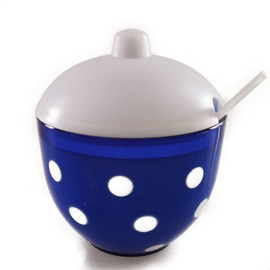 Berossi Sugar Bowl with Spoon, Sugar Pot as Salt Jar, Can be Used in Retro Style, Sugar Tin with Plastic Lid, Jam Jar in Set, Expandable Salt Barrel, Sugar Salt Bowl, Polka Dots, Blue