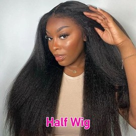 Bling Hair 360 Glueless Full Lace Front Wigs Human Hair Kinky Straight Pre Plucked Transparent 13x6 Lace Frontal Wigs for Black Women with Baby Hair 360 Hd Full Lace Human Hair Wigs 180% Density Natural Black:_Half Wig_18"