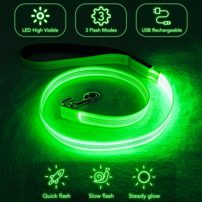 Colaseeme LED Dog Lead Green with 3 Reflective Wires