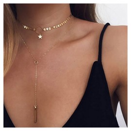 Inilbran Boho Layered Coin Necklace Choker Vertical Bar Pendant Necklaces Vintage Star Choker Necklace Gold Disc Chain Y Necklace Jewellery for Women and Girls