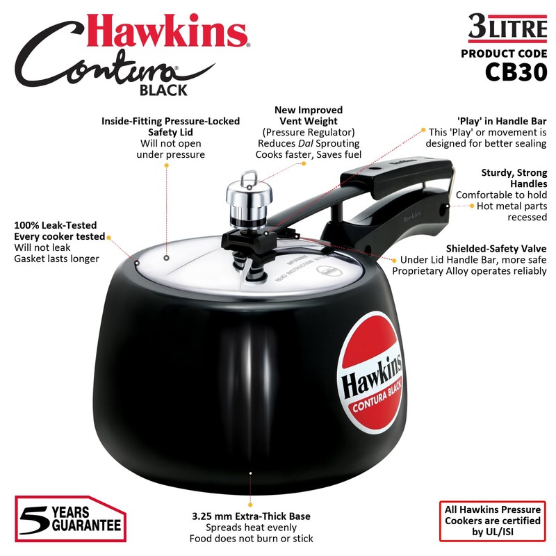 Hawkins 3 Litre Contura Black Pressure Cooker, Hard Anodised Inner