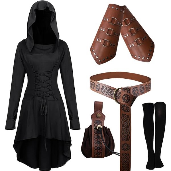 CNVAUIE Women's Medieval Hooded Dress Renaissance Costume Set with Arm