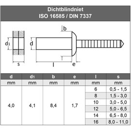 4 x 8 mm (50 pieces) sealing blind rivets with flat head, waterproof, stainless steel VA A2 V2A, blind rivets, pop rivets, rust-proof, DIN 7337, ISO 16585 AGBERG