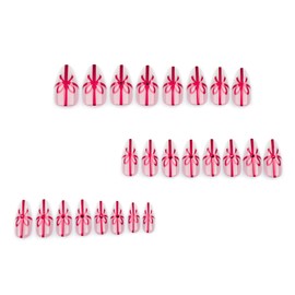 Christmas Press on Nails Short Almond Fake Nails Red Bowknot Glossy False Nails with Design Nude Glue on Nails Artificial Acrylic Rhinestone Stick on Nails for Women Christmas Nail Decoration 24Pcs