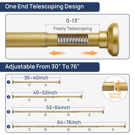 ENJOYBASICS Gold Shower Curtain Rod 30 to 76 Inches, 1 Inch Stainless Steel Adjustable Spring Tension Rods No Drill for Bathroom, Closet, Window, Room Divider, Never Rust, Non Slip
