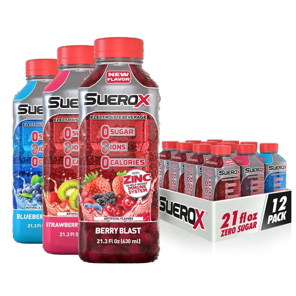 SueroX Zero Sugar Electrolyte Drink for Hydration and Recovery, Unique Blend of Electrolytes & 8 Ions, Zero Calorie Sports Drink, 21.3 Fl Oz, Berry Blend Pack, 12 Count