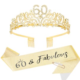 Padorul 60 Birthday Gold Crown & “60&Fabulous” Sash Set for Women, Rhinestone Queen Tiara Headband with Comb & Shining Sash for Princess Birthday Party