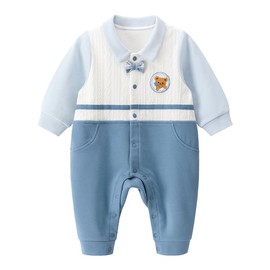 gurcooc Newborn Baby Boys Romper Long Sleeve Gentleman Fake Two Pieces Baby Bodysuit with Bow Tie One-Piece Outfit, 3-24 Months, blue