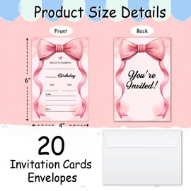DOIUCRO Pink Bow Birthday Invitations, Cute Bow Party Invitations, 20 Double-Sided Fill In Invitation with Envelopes for Girls Women, Birthday Party Decorations Favor