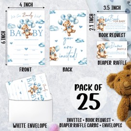 Blue Bear Baby Shower Invitations, 25 Sets We Can Bearly Wait Baby Shower Invites with Envelopes, Diaper Raffle Tickets & Books for Baby Cards, Blue Gender Reveal Party Supplies Decorations-A08