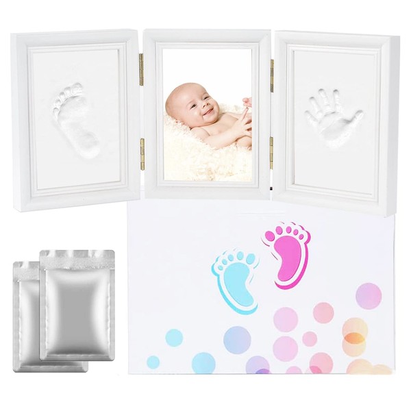 Baby Footprint Frame - Baby Footprint and Hand Print Kit for 3 Photos, Wooden Frame, Bedroom Decoration, Gift, Birth Keepsake