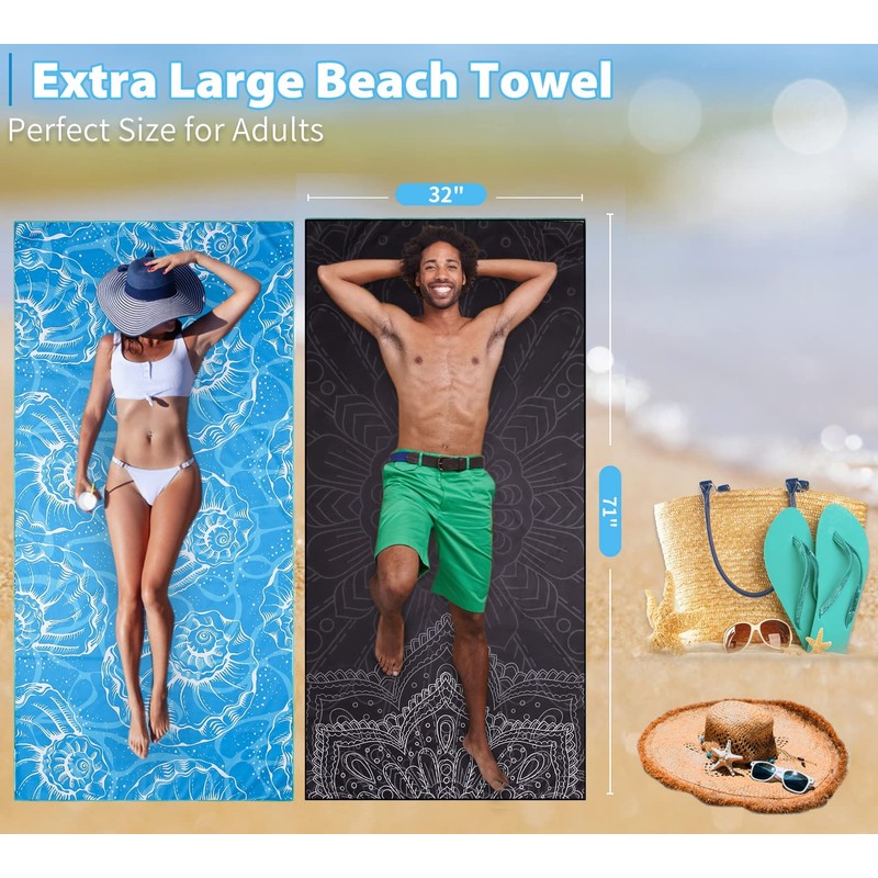 2 Pack Lightweight Thin Beach Towel Oversized 71"x32" Big Extra