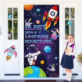 Welcome Back to School Door Cover Banner Outer Space Classroom Decoration Blast into a Learning Adventure Hanging Porch Sign Photo Background for Kindergarten Preschool Elementary Wall Room Decor