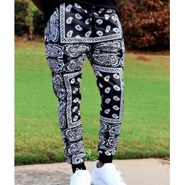 SOMTHRON Men's Bandana Paisly Drawstring Jogger Pants Cashew Printed Sweatpants Skateboard Loose Swag Trousers with Pockets(BL-L) A-Black