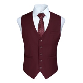HISDERN Men's Formal Party Wedding Business Cotton Waistcoat Solid Color Vest, Burgundy-2, L