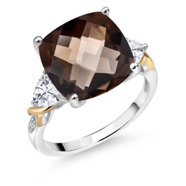 Gem Stone King 925 Silver and 10K Yellow Brown Smoky Quartz and White Moissanite and Diamond Ring For Women (7.05 Cttw, 12MM Cushion and 5mm Trillion, Available in Size 5,6,7,8,9)