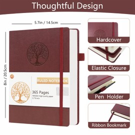 Dzhzal Lined Journal Notebook Tree, A5 365 Pages College Ruled 100gsm Thick Journals for Writing, Hardcover Leather Journal with Elastic Band for Women Men on Work, Business, School and Travel