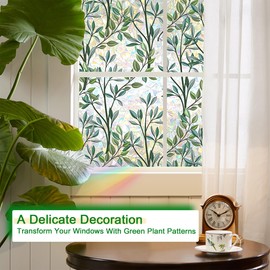 Stained Glass Window Film, Privacy Film for Glass Windows, Decorative Window Cling, Window Coverings Film for Bathroom Home Office, Non Adhesive Window Cling Film (Green)