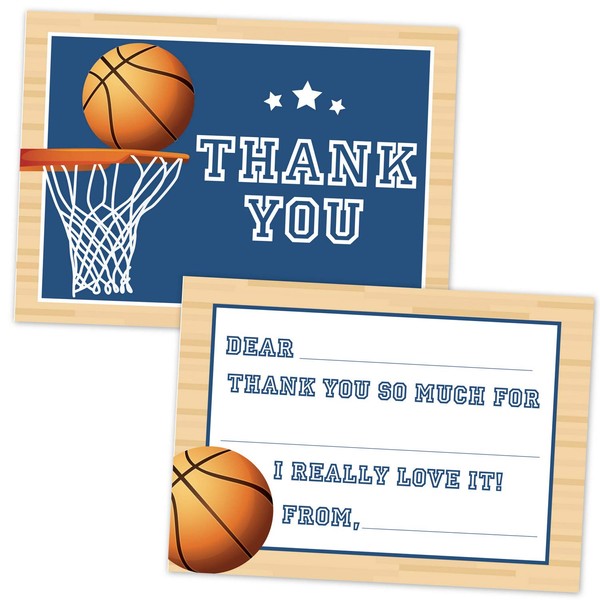 Basketball Fill in The Blank Thank You Cards for Kids (20 Count with Envelopes) - Boys Sports Thank You Notes