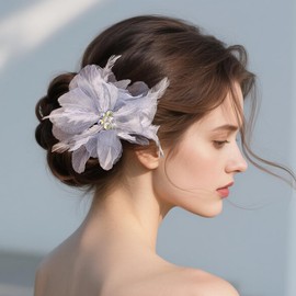 Yheahin Vintage Women Feather Flower Hair Clip Barrettes 1920s Victoria Large Tulle Floral Headpiece with Crystal for Bridal Wedding Hawaii Beach Dance Tea Party (Dark blue)