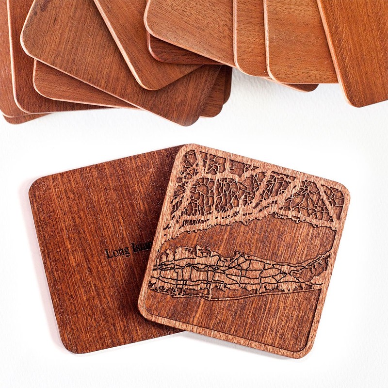 Long Island Map Coaster, Set of 4, Sapele Wooden Coaster