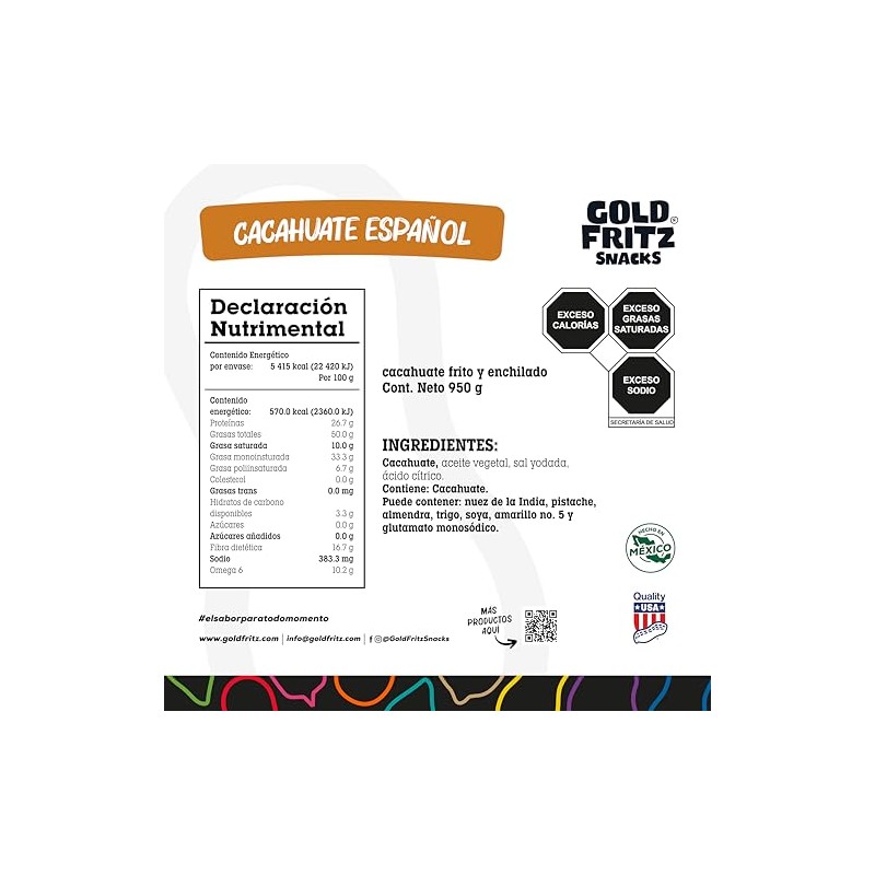 Gold Fritz | Cacahuate Español 950 g | Cacahuates Sal