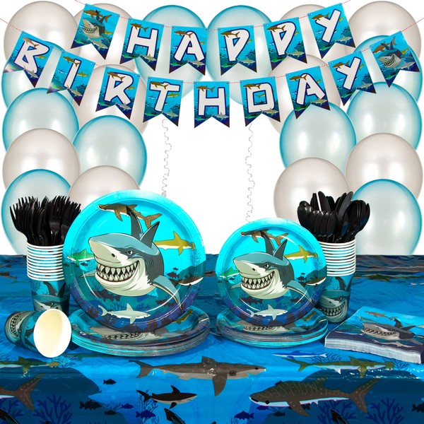 202-Piece Shark Party Decorations Set with Plates, Cups, Napkins, Pre-Strung Banner, Cutlery, Balloons, and Tablecloth, Shark Birthday Party Decorations, Serves 25