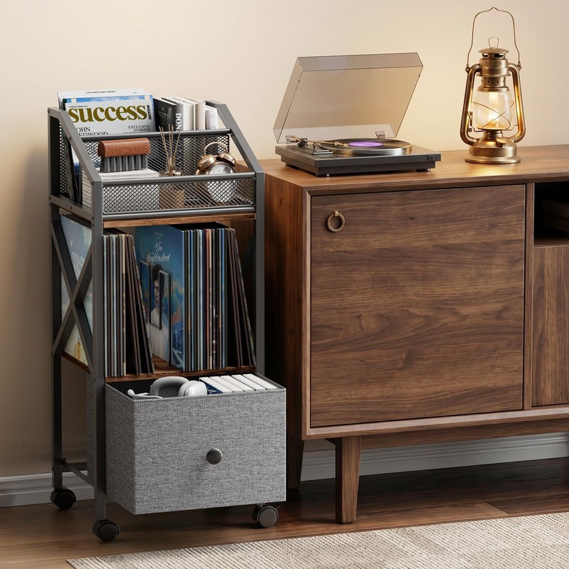 Portin Rolling Vinyl Record Storage Rack, Multi Magazine Holder
