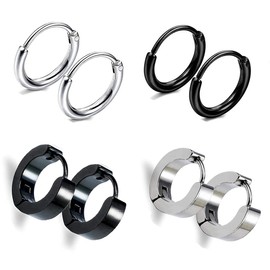 Yesallwas 8 Pieces Hoop Earrings for Men Women,Stainless Steel Round Earrings black silver