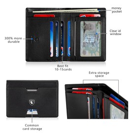 GSOIAX Wallet for Men Slim RFID Blocking Front Pocket Bifold Wallet Leather Money Clip 10-12 Cards Mens Wallet with ID Window Thin Minimalist Credit Card Holder Birthday Gifts for Men Leather-Black