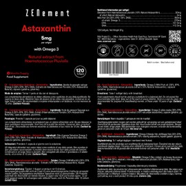 Astaxanthin, 5 mg with Omega 3, 120 Soft Capsules, Natural Source, Strong Antioxidant, Laboratory Tested, 100% Natural Ingredients, No Additives, Soy Free Zenement