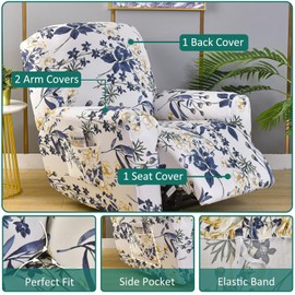 NILUOH Stretch Recliner Cover 4 Pieces Printed Lazy Boy Chair Covers Floral Patterned Recliner Sofa Slipcover Anti-Slip Fitted Furniture Protector with Elastic Bottom, A1