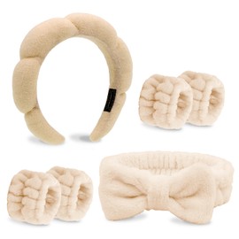 Makeup and Skincare Headbands 6PCS Light Khaki Spa Headband and Wrist Bands for Washing Face Hair Band Bows for Women Soft Head Band and Wristband Set Cute Hair Accessories for Women Teen Girls Gifts