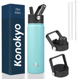 Konokyo 22oz Stainless Steel Bottles with 3 Lids Sport Insulated Water Bottle,Turquoise