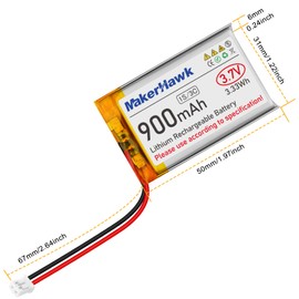 MakerHawk 3.7V 900mAh LiPo Battery Rechargeable 1S 3C 603450 Lithium Polymer Battery with Dual Battery Protection Board, Micro JST 2.0 Plug for IoT PDA Camera GPS Smart Development(1 Pack)