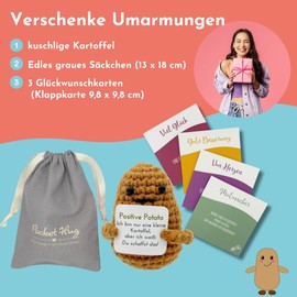 Pocket Hug Positive Potato · Mutmachergeschenk für Freunde, Familie und Kollegen · Kreative Kartoffelfigur · Motivationsgeschenk & Glücksbringer deutsch · Handmade Woll-Kartoffel inkl. Zubehör