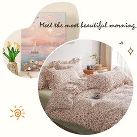 VM VOUGEMARKET Girls Duvet Cover with Pink Red Flower Pattern 100% Cotton Elegant Floral Bedding Set Queen Cottagecore Comforter Cover Set with Ruffle Pillowcases(3 pcs,90x90 Inch)