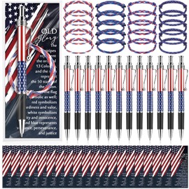 Sayglossy 60 Pcs 4th of July Party Favors Include 20 American Flag Ballpoint Pen 20 Rope Bracelet and 20 USA Bookmark Patriotic Souvenir Gift for Foreigner Veteran Independence Day Party Supplies