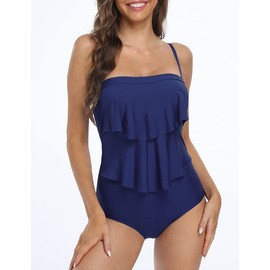Firpearl Traje de baño de una pieza Bandeau para mujer con volantes, Azul marino/flor y brillo, 12