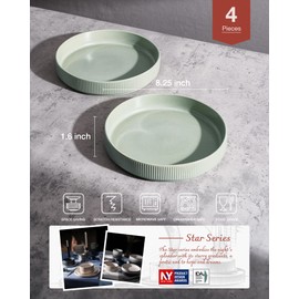 famiware Star 8.25" Pasta Bowls, Large Dinner Bowls Set of 4, Salad Bowl Plates, Shallow Bowls for Eating, Light Green