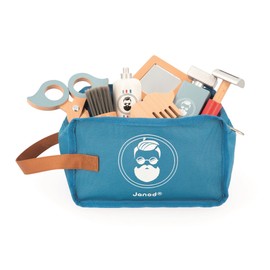JANOD J06552 Barber Case for Children, 7 Wooden Accessories + Case Roll Toy, Develops the Fantasy Wooden Toy from 3 Years, Blue, 21 x 13 x 13 cm