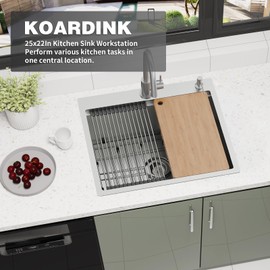 Kitchen Sink Workstation, 25x22 Inch Stainless Steel Drop In Kitchen Sink Modern Single Bowl Kitchen Sink Accessory Combo-SS Grid,Drying Rack,Cutting Board,Soap Dispenser, Drain Strainer Set