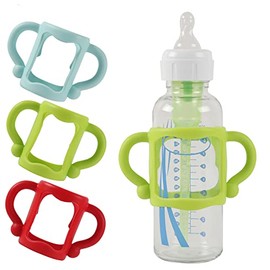 TonGass (3-Pack) Bottle Handles for Dr Brown Narrow Baby Bottles with Easy Grip Handles to Hold Their Own Bottle - BPA-Free Soft Silicone - Red Green 