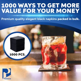 Paterson Paper Black Paper Beverage/Cocktail Napkins Premium Bulk (2 Ply, Embossed Edge, 9" x 9" - 1000/Case)